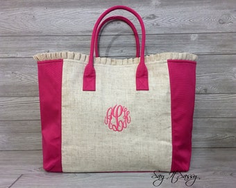 Monogrammed Tote Bag - Linen Tote Bag - Personalized Tote Bag - Linen Bag - Linen Ruffle Bag - Bridal Tote - Bridesmaid Gifts- Monogram Tote