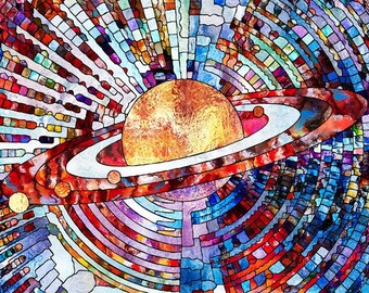 Planet Stained Glass Abstract Mosaic Science Postcard Poster Art Print Q08