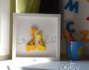 Nursery Wall Art - Keepsake Baby Gifts - Mom and Baby Giraffe - Felt Shadowbox Framed Art - Shadow Box Art - Felt Characters - Felt Art