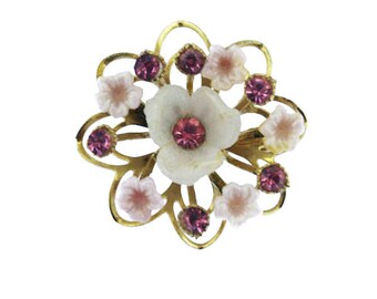Vintage Pink Flower Brooch, Pink Rhinestone Flower Brooch, Pink and Gold Flower Pin, Gold Flower Pin