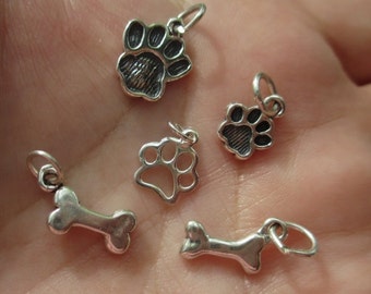 Sterling Silver Paw Print Charm solid or open work, or dog bone - you choose which one