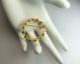 Vintage Polished and Textured Gold Tone Twisted Circle Pin Brooch with Opal Accent