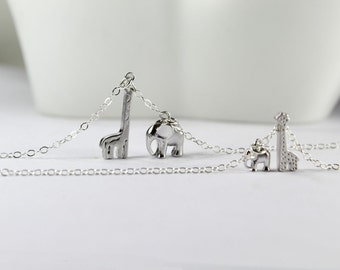 Matching Silver Jewelry.Big Elephant Giraffe Necklace,Babe Elephant Giraffe neckalce, Big Sis. Lil Sis ,Mother daughter Matching jewelry.
