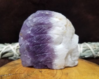 110g Carved Amethyst Crystal Headdress Skull