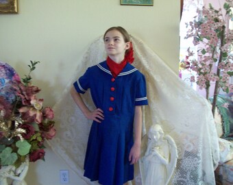 Girl's Sailor Dress Red-White-Blue Dress, Red Button White Stripe Dress, Sailing Dress, Vintage Sailor Dress