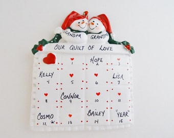 Grandparents - Family Quilt of Love for up to 17 Names Personalized Ornament- Grandparents Ornament up to 15 Grandkids Personalized Ornament