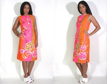 Vintage 60s Abstract Floral Hawaiian Print Pink Orange Watercolor Shift Midi Dress Hippie Glam