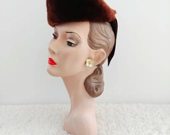 Vintage 1940's Fur Tilt Hat | 1940's Winter Hat | 1940's Fur Hat | 1940's Brown Hat |