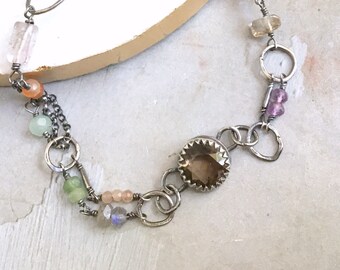 Smokey Quartz Bracelet - Earthy Mixed Stone Bracelet - Bezel Bracelet - Oxidized Sterling Silver Link Bracelet - Metalwork Bracelet