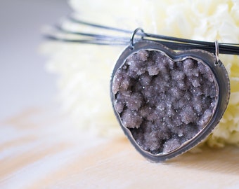 Agate Drusy Heart Necklace, Sterling Silver Statement Necklace, Natural Drusy Necklace - Forests of the Heart