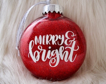 Merry and Bright Christmas Tree Ornament - Glittery Disc Ornament - Available in Red, Green, and Champagne