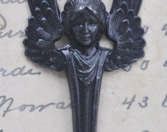 Angel Brass Stamping on a Pedestal, Black Satin Finish, Brass Stampings Made in the USA