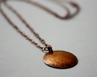 Hammered Copper Disc Necklace, Hammered Copper Circle, Antique Hammered Copper Disc Pendant