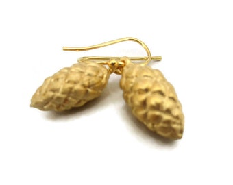 Raffia Seed Pod Earrings, Gold Vermeil Drops, Small Gold Dangle Earrings, Seed Pod Jewelry Artisan Handmade by Sheri Beryl