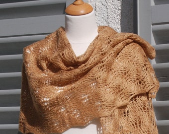 Pearl camel hand knitted lace shawl