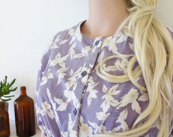floral vintage dress cotton blue lily print pattern clinched waist midi length summer beach boho