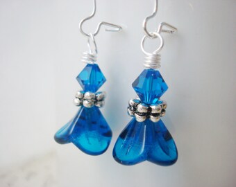 Capri Blue Earrings, Flower Earrings, Blue Flower Earrings, Czech Glass Earrings, Glass Flower Earrings, Blue Drop Earrings, Gift for Her