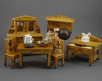 Antique German Art Nouveau Dollhouse Miniature Wooden Kitchen Furniture Room Handcarved Doll 5" 6" Set 6 pc.