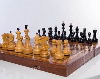 Fathers day Sale !!! Soviet tournament chess set with weightlifters 70s USSR Wooden Board 50x50 cm Old Deck