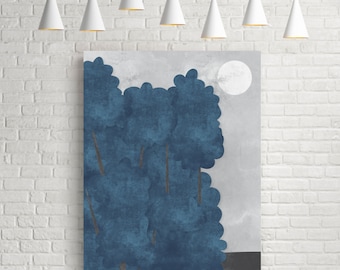 Watercolour print, giclee, minimalist print, wall art print, room decor, prints, forest landscape, tree print, blue print, tree art, forest