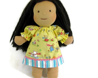 14 inch, 15 inch, 16 inch Waldorf doll dress, Yellow and pastel stripe doll clothes