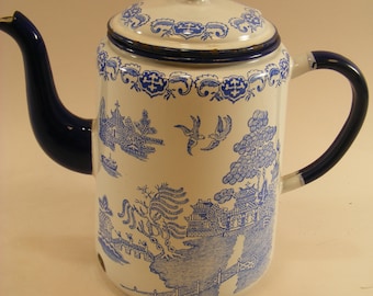RARE Blue Willow English Enamelware Coffee Pot c.1930