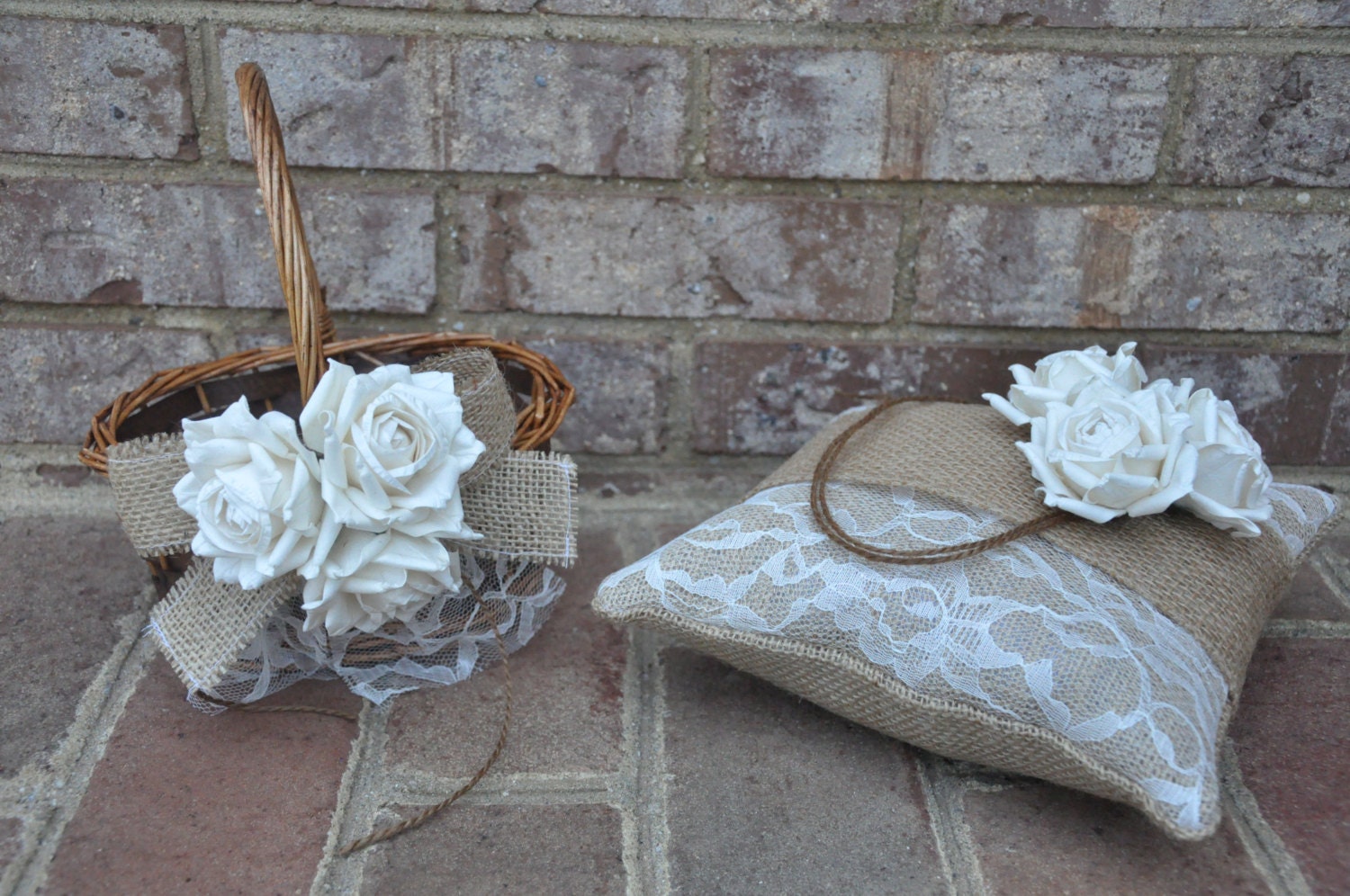 SET OF Ring Bearer Pillow & Flower Girl Basket Rustic