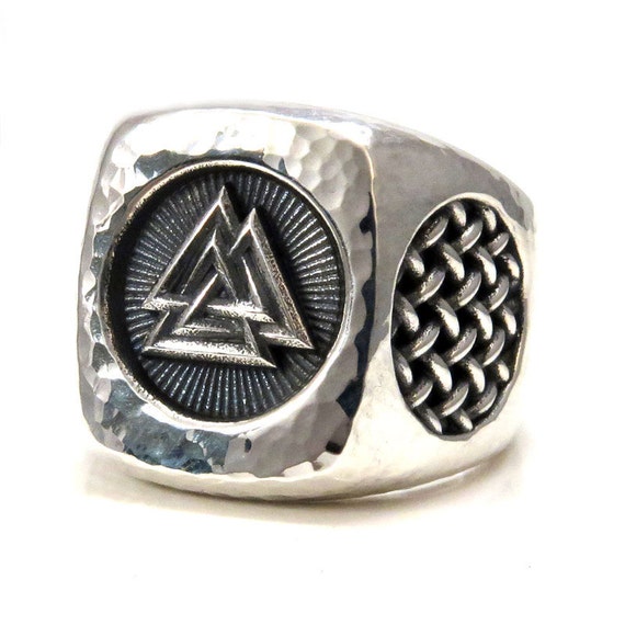 Mens Valknut Symbol Silver Ring - Hammered - Handmade