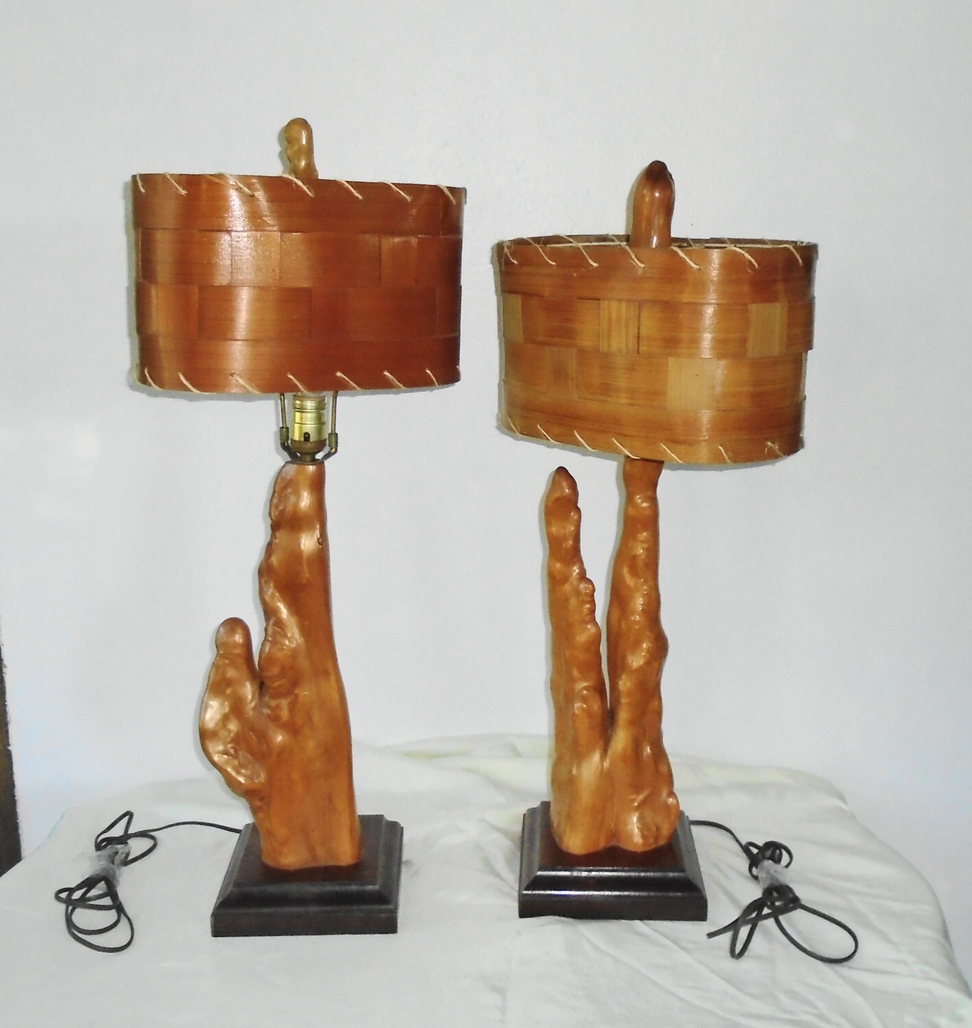 Set of 2 Vintage Mid Century Mod Wood Cypress Knee Table Lamps