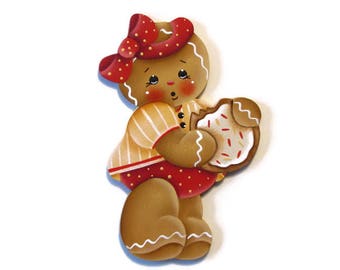 Ginger with Cookie Ornament or Fridge Magnet, Handpainted Wood Gingerbread Refrigerator Magnet, Hand Painted Ginger, Tole Painting