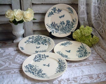 Set of 4 Antique french teal transferware plates. Teal transferware. Jasmine. Butterflies. Blue green transferware. Tea plates