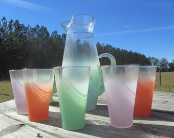 Mid Century Rainbow Pitcher and Glasses, glass pitcher, retro glassware, highball set, Orange, Green, Lavender, Blendo
