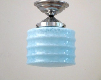 French Art Deco Geometric Light Fixture 1930s - Gorgeous Light Blue Mottled Glass Shade- Amazing Ringed Details - Art Deco Lighting
