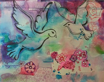 Dove mixed media drawing