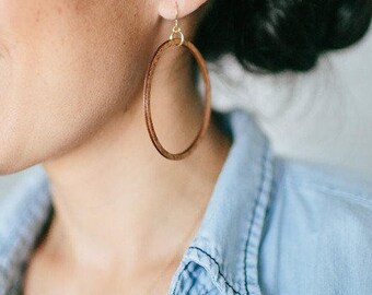 Large Walnut Wood Circle Hoop Earrings Silver Ear Wires Joanna Gaines Inspired Large Hoops Toniraecreations