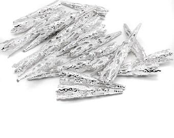 Lightweight Silver Bead Cones - Bead Caps Findings - Filigree Aluminum Delicate Tubes for Finishing Jewelry - Destash Lot - 41mmx8mm - 24pcs