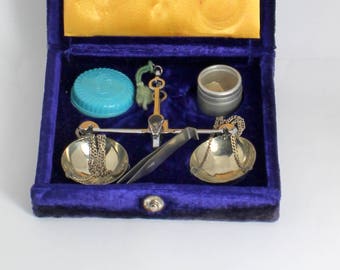 Balance Style Scale for gold diamonds apothecary with counter weights and tweezerspurple velvet box, Vintage scale for gold or apothecary