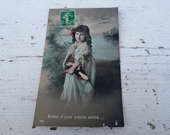 Antique 1900/1910s postcard French real photo recolored women first of April