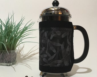 French Press Coffee Cozy- "Dragonfly" Black, Bodum Cozy, Cafetiere Cozy, Coffee Pot Cozy, Merino Wool Felt Coffee Press Cozy