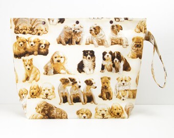 Puppy large knitting project bag, crochet storage bag with snaps, dog knitting bag for sweaters