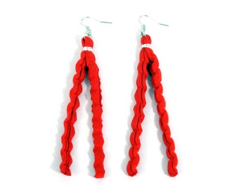Earrings of recycled rag rugs, red