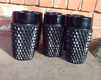 Vintage Black Amethyst Water Goblets in Cameo Pattern by Tiara Crystal, Black Amethyst Glasses, Black Diamond Point Glasses