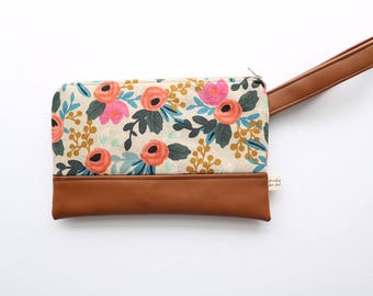 Rifle Paper Co. Les Fleurs Wristlet (Brown) (Beige)