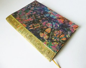 A5 'Batik' Planner Cover, Diary & Cover, Removable Book Cover, Fits Hobonichi Cousin, Batik Cotton, Gold Glitter Ribbon, OOAK, UK Seller