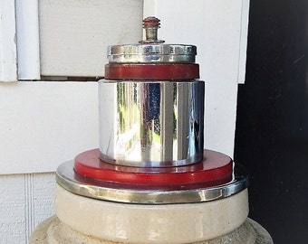 Art Deco Cigarette Holder Chrome collectible Red Cigarette case Metal Artistry Skyscraper style Mechanical Rotates Tiered Urban chic Moderne