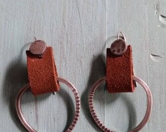 Sterling silver Hoop earrings with brown suede leather