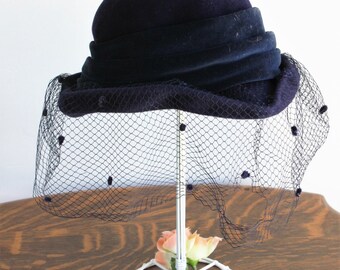 Vintage 1970s Blue Hat With Birdcage Veil / 60s Bermona Rabbit Hair Hat / Chenille Dots / Millinery / Made in England