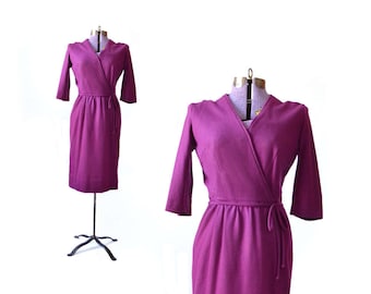 Purple dress vintage 1960s dress 60s dress wiggle dress vintage clothing, wool dress mad men pencil dress winter dress size medium dress