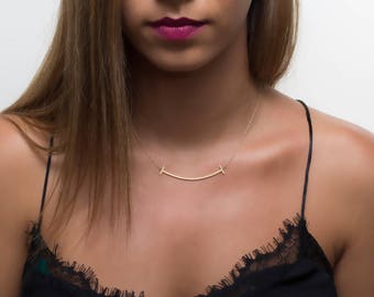Mini smile pendant, Gold smile necklace, Rose T pendant, Gold pendant, 14k solid gold pendant, Rose gold necklace, Silver smile necklace