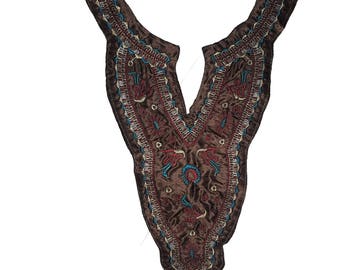Boho Floral Embroidered Brown Satin Sewing Yoke Neck Collar